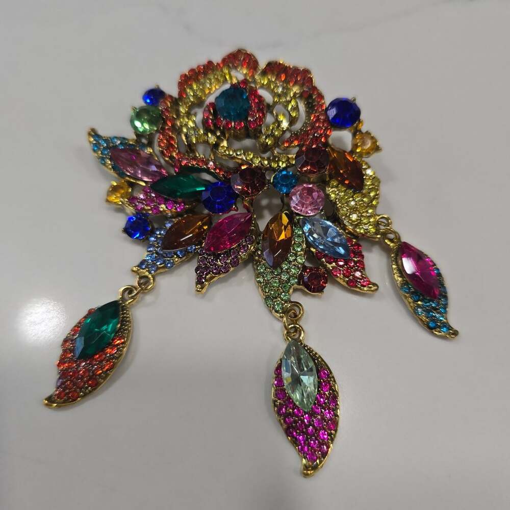 Vintage Inspired Gold Tone Crystal Flower Multicolor Rhinestone Brooch